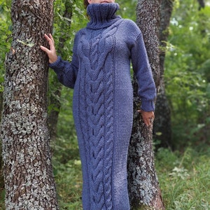 Wool Dress Turtleneck Thick and Chunky Cable Knit Long Sweater Dress
