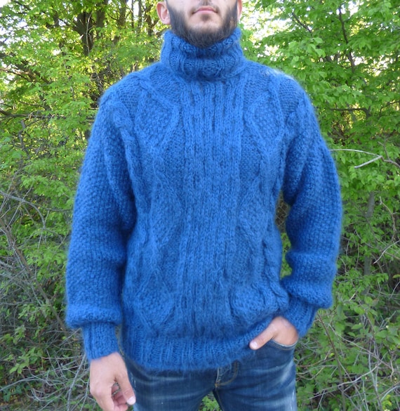 Mohair Sweater Men Turtleneck Thick and Chunky Pullover Cable Knit Jumper