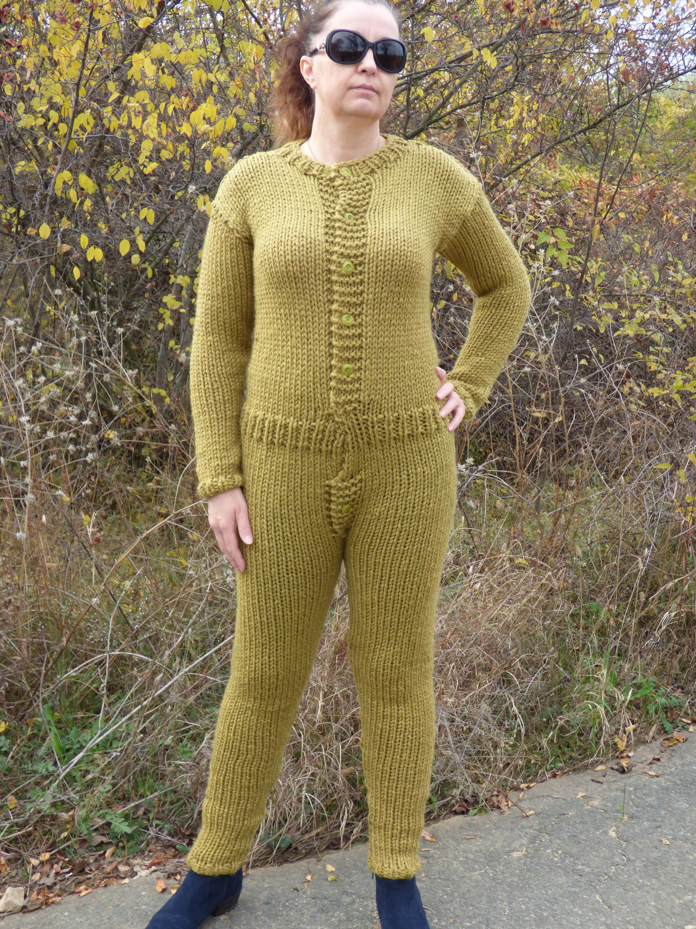 Men Wool Union Suit,Merino 100 % Bodysuit,Hand Knit Pants