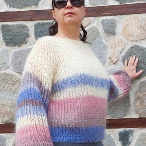 Mohair Sweater Striped Handknit Chunky Pullover Multicolor