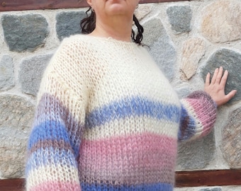 Mohair Sweater Striped Handknit Chunky Pullover Multicolor