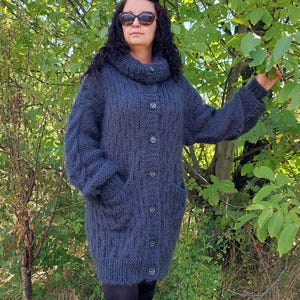 Mohair Cardigan Men Thick and Chunky Cable Hand Knit Sweater Fuzzy Overcoat