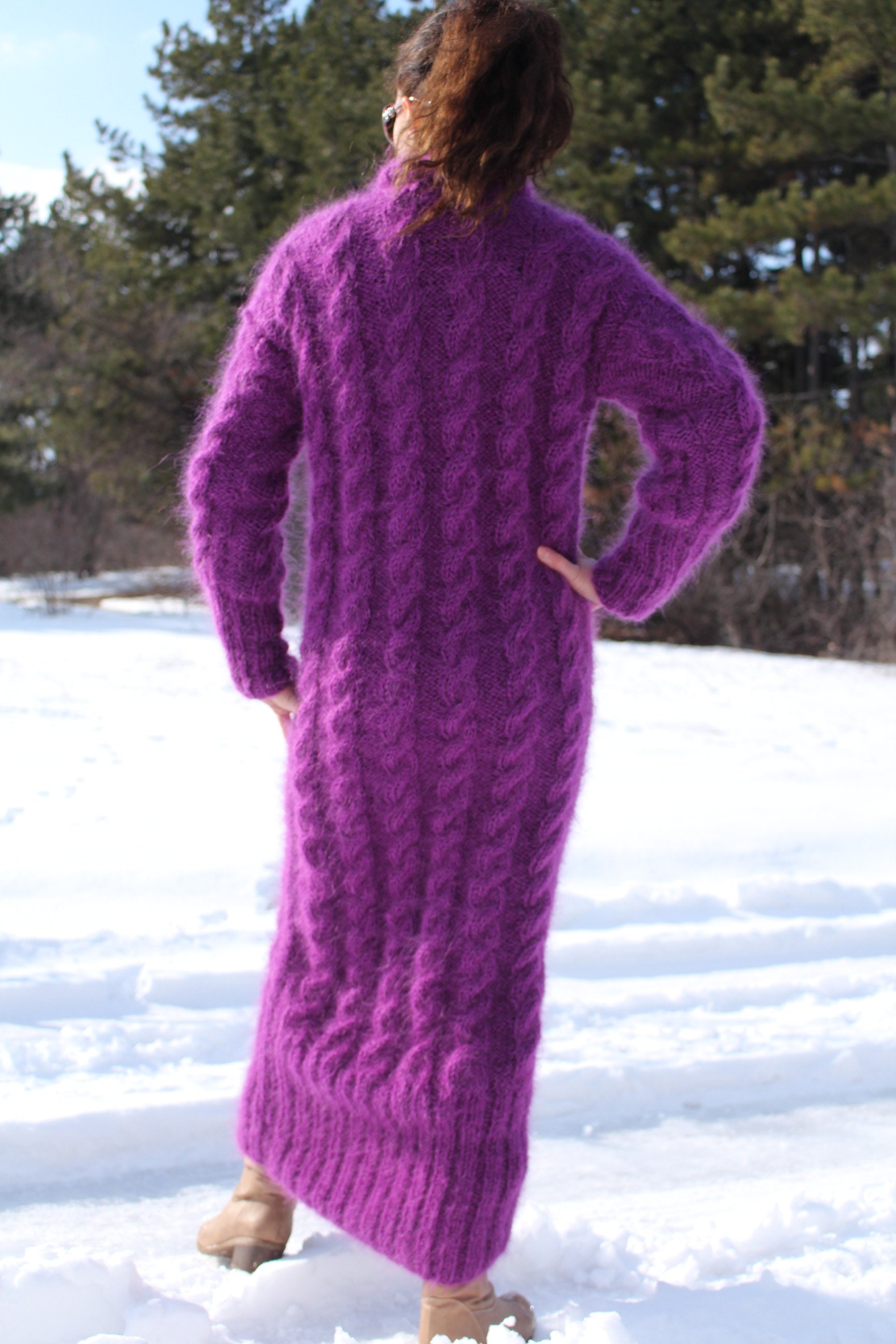 Thick Mohair Dress Turtleneck,hand Knit Cable Long Chunky Sweater - Etsy