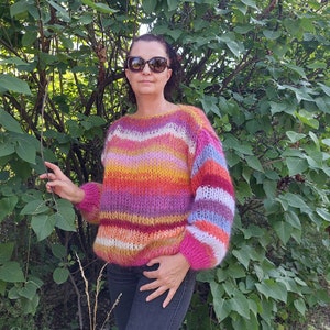 Mohair Sweater Striped Handknit Chunky Pullover Multicolor