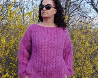 Mohair Sweater Women Handmade Chunky Pullover Jumper English Ribble Knit