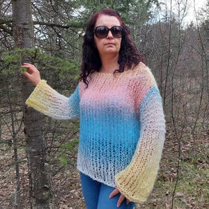 Hand Knit Mohair Sweater Multicolor Chunky Pullover Handmade Jumper