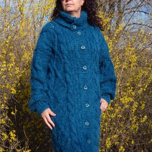 Mohair Cardigan Thick and Chunky ,Cable Handknit Sweater Turtleneck ,Fuzzy Overcoat