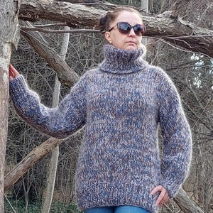 Mohair and Wool Sweater Men Turtleneck Handknitted with 4 Strands Thick and Chunky Pullover Melange