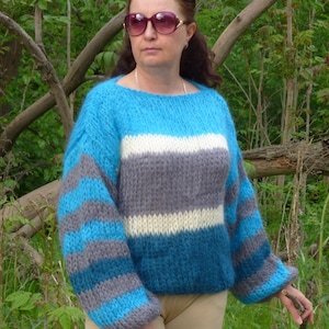 Hand Knit Mohair Sweater,Striped Chunky Pullover in 4 colors