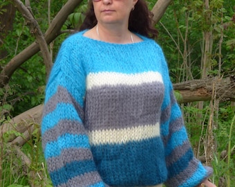 Hand Knit Mohair Sweater Women Striped Chunky Pullover Multicolored