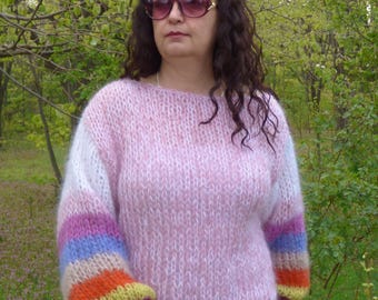 Mohair Pullover With Striped Handknit Sleeves Soft and Chunky Sweater Multicolor