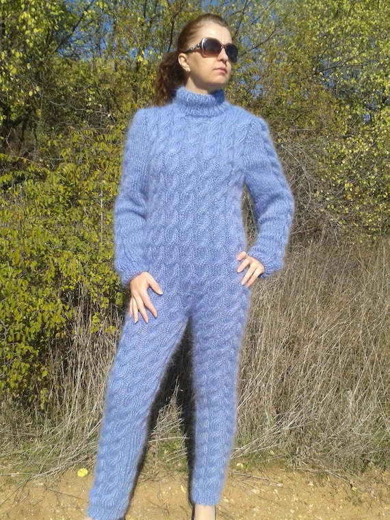Hand Knit Mohair Union Suit ,handmade Cable Pants,thick and Fuzzy