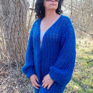 Mohair Cardigan Women Chunky Knit Oversized Hand Knit Sweater in Blue