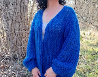 Mohair Cardigan Women Chunky Knit Oversized Hand Knit Sweater in Blue