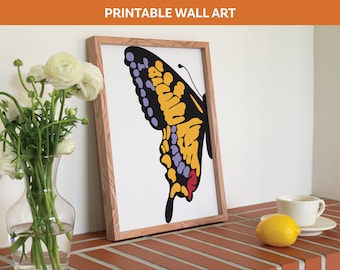 Impresión de arte de mariposa amarilla / Impresión digital retro / Descarga instantánea / Arte de pared imprimible de moda
