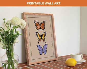 Impresión de arte de trío de mariposas coloridas / Impresión digital retro / Descarga instantánea / Arte de pared imprimible de moda