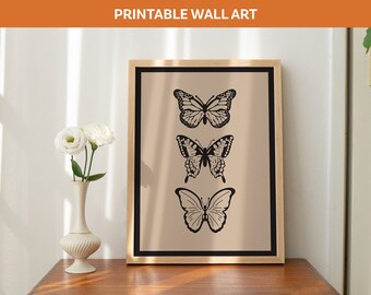 Impresión de arte trío de mariposas en escala de grises / Impresión digital retro / Descarga instantánea / Arte de pared imprimible de moda