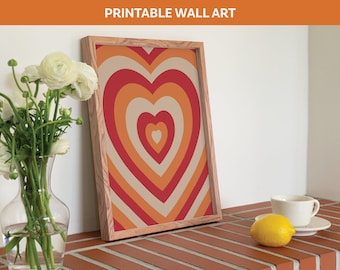Impresión de arte del corazón en expansión naranja / Impresión digital retro / Descarga instantánea / Arte de pared imprimible de moda