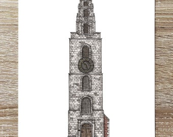 Shandon Bells and Tower Cork Ireland Art Print, St. Anne&#39;s Church Cork, Irish Art, A4 Print