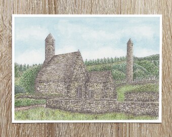 Glendalough Co Wicklow Ireland A4 Art Print, St. Kevin&#39;s Church Drawing, Round Tower Watercolour Illustration, Irish Gifts