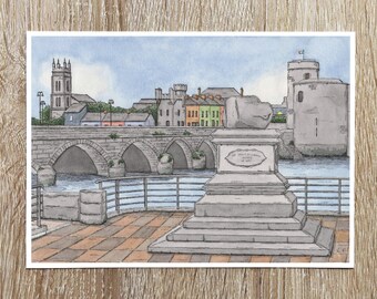 Treaty Stone Limerick Ireland Art Print, King John&#39;s Castle Watercolour Illustration, Irish Art Gifts, A4 Print
