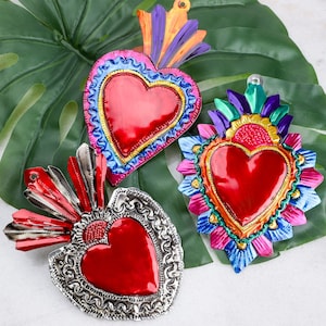 Large Mexican Crown Milagro Tin Hearts