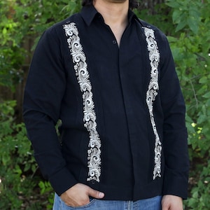 Black Feather Embroidered Guayabera