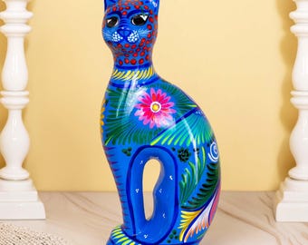 Hand-Painted Xalitla Cat Piggybank Sculpture