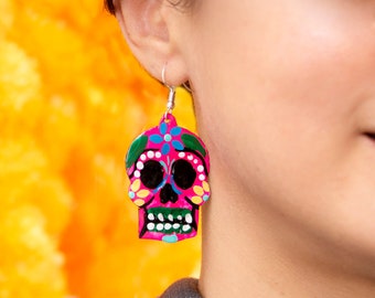 Hand-Painted Sugar Skull Calavera Earrings