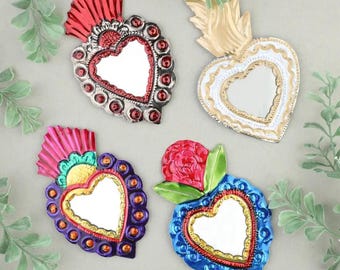 Medium Mexican Crown Milagro Tin Heart with Mirror