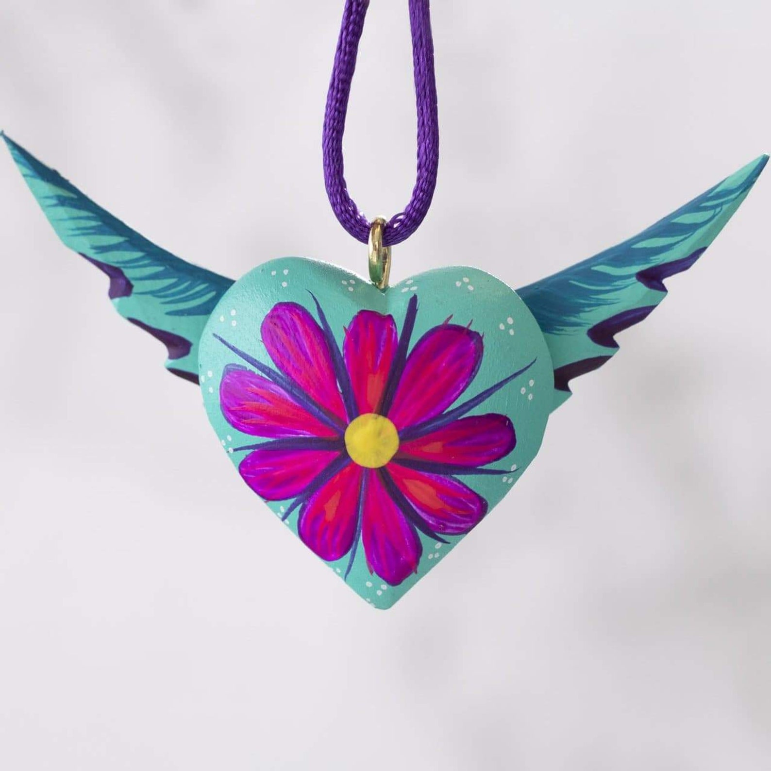 Mexican Heart with Wings Hand Painted Necklace Etsy