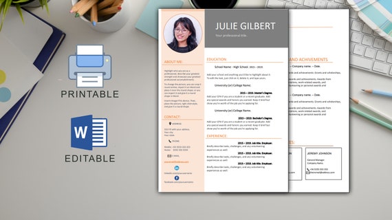Modele De Cv Professionnel Modele Cv Deux Pages Etsy Canada
