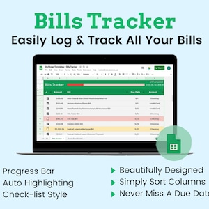 Könnte beinhalten: Ein Screenshot eines Laptops, auf dem eine Tabellenkalkulation mit einem grün-roten Farbschema angezeigt wird. Die Tabellenkalkulation trägt den Titel "Bills Tracker" und enthält Spalten für Betrag, Rechnung, Fälligkeitstermin und Konto. Die Tabellenkalkulation hat oben eine Fortschrittsanzeige, die teilweise gefüllt ist. Das Bild enthält auch Text, der "Progress Bar", "Auto Highlighting", "Check-list Style", "Beautifully Designed", "Simply Sort Columns" und "Never Miss A Due Date!" lautet.