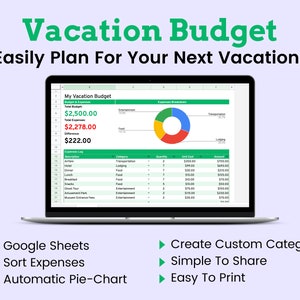 May include: A laptop screen displaying a Google Sheets spreadsheet with a vacation budget template. The spreadsheet includes a pie chart showing the breakdown of expenses, a list of expenses, and a total budget of $2,500.00. The text "Vacation Budget" is displayed in green at the top of the screen. The text "Easily Plan For Your Next Vacation!" is displayed in green below the title.  The text "Google Sheets", "Sort Expenses", and "Automatic Pie-Chart" are displayed in green on the left side of the screen. The text "Create Custom Categories", "Simple To Share", and "Easy To Print" are displayed in green on the right side of the screen.