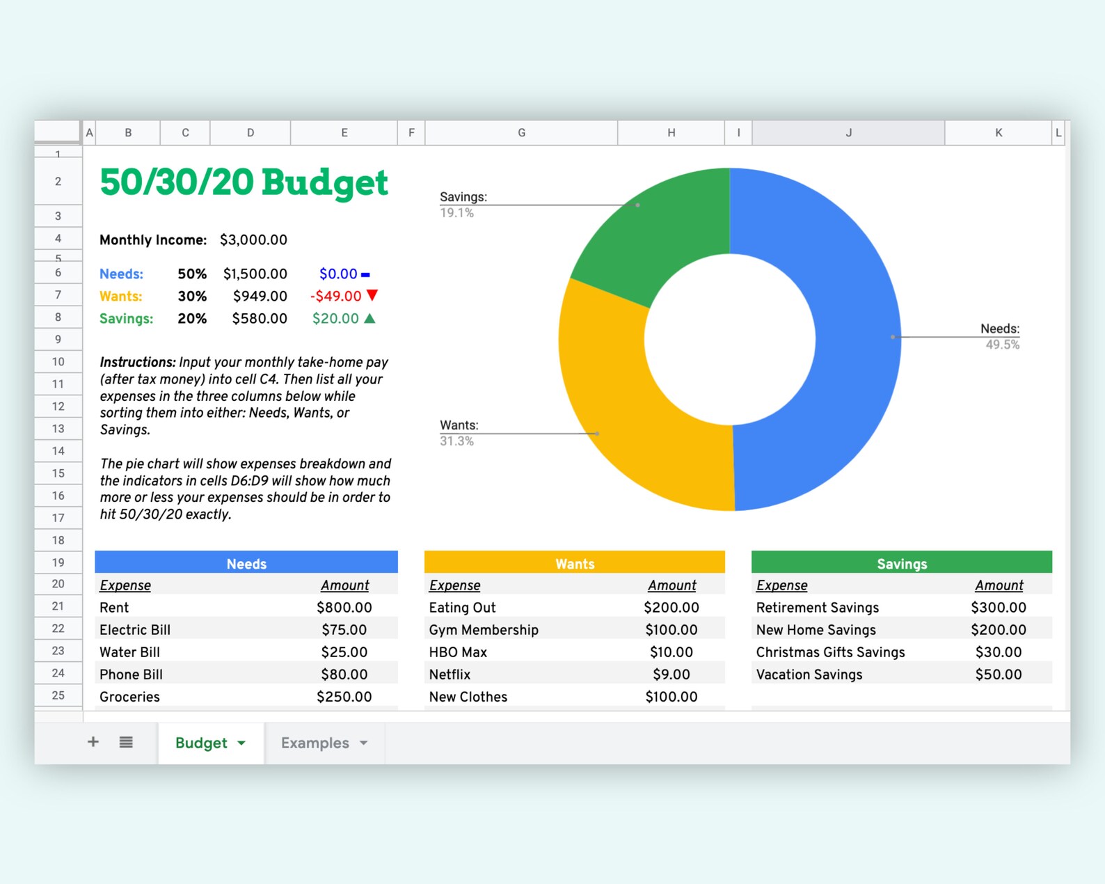 50 30 20 Budget Google Sheets Template Financial Planner Etsy