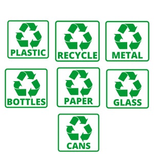 Insegne cestino riciclaggio, decalcomanie cestino svg, carta riciclata, plastica, lattine, bottiglie, vetro con metallo, file di decalcomania di riciclo