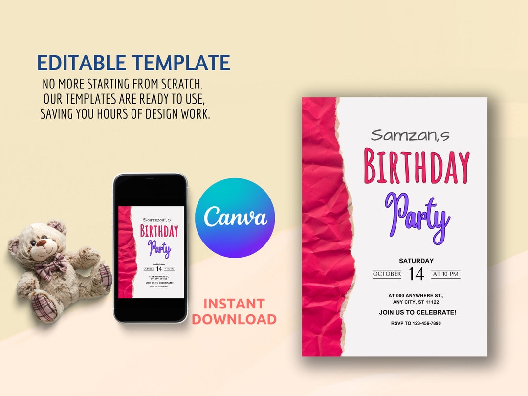 Editable Birthday Invitation Template - Digital Download, Canva ...