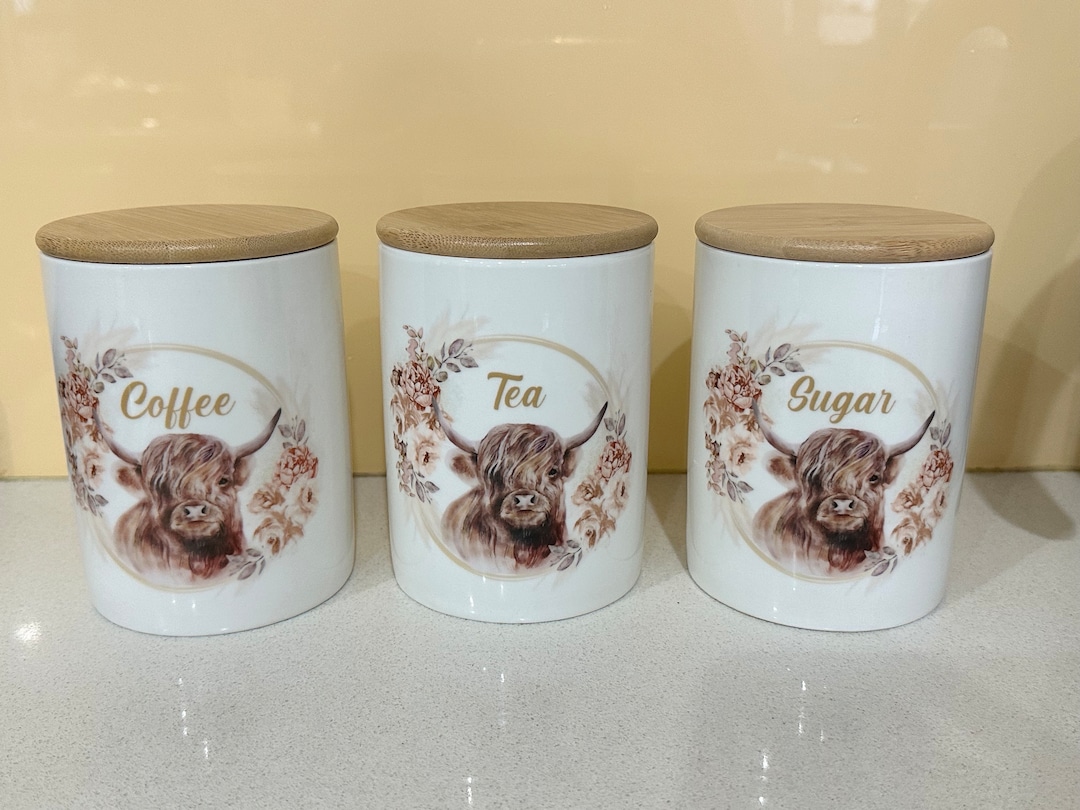 Country Storage Canisters Floral Wreath Highland Cow, Tea, Coffee & Sugar Canisters, Kitchen