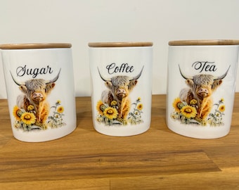 Country Storage Canisters - Sunflower Highland Cow, Tea, Coffee, Sugar Canisters, Kitchen Jars