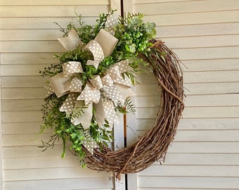 Farmhouse Wreath Made With Greenery for Front Door~Everyday Neutral Grapevine Wreath with Bow~BOW OPTIONS AVAILABLE (see description below)