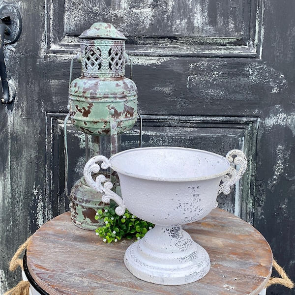 White Distressed Urn with Handles for Floral Arrangements~Farmhouse~Shabby Chic~French Country~Home Decor~Floral Vase~Floral Supplies