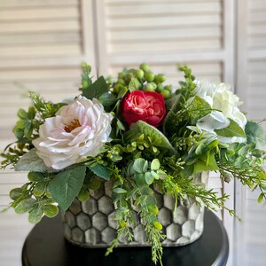 White and Pink Rustic Farmhouse Arrangement with Real-Touch Florals-Hydrangea and Roses with Peony-Everyday Décor-Mother’s DayCenterpiece