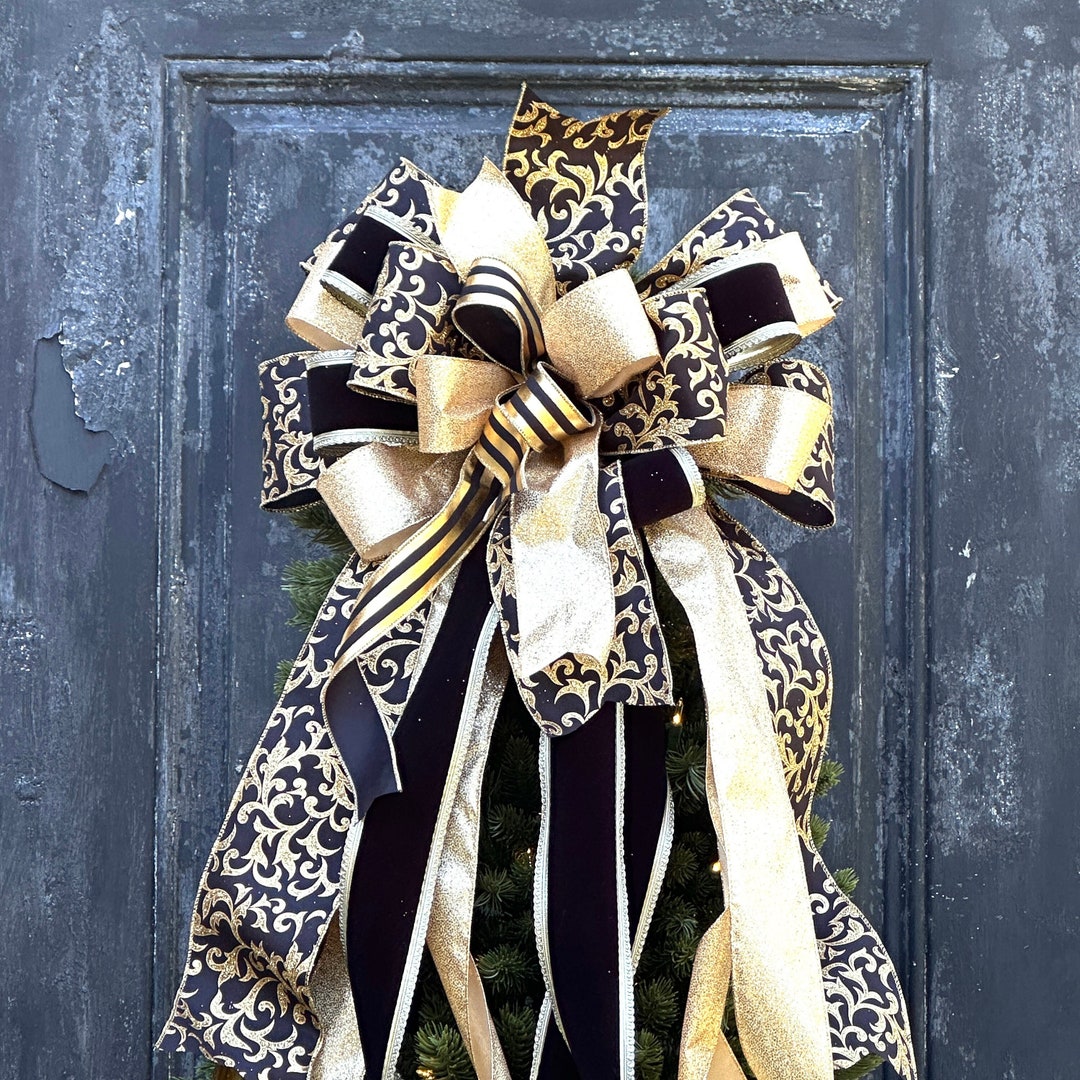 XL Elegant Black and Gold Christmas Tree Topper Bow acanthus Leaf