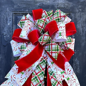XL Candy Cane Themed Bow for Christmas Tree~Red Green White Candy Tree Topper~Whimsical Christmas Decor~Bow with Long Streamers for Tree