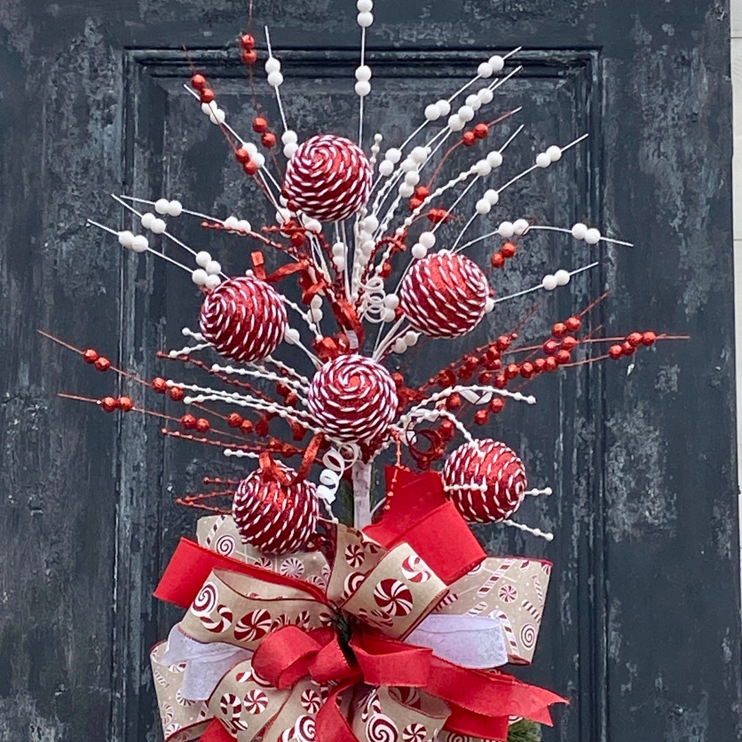 Christmas Tree Topper Attachment With Red and White Ornaments and Candy