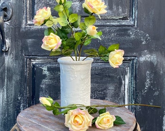 Premium Real Touch 3 Rose Bloom Stem in Soft Yellow with Pink Highlights- Wreath Supplies-Faux Florals-Artificial Florals~Wedding Florals