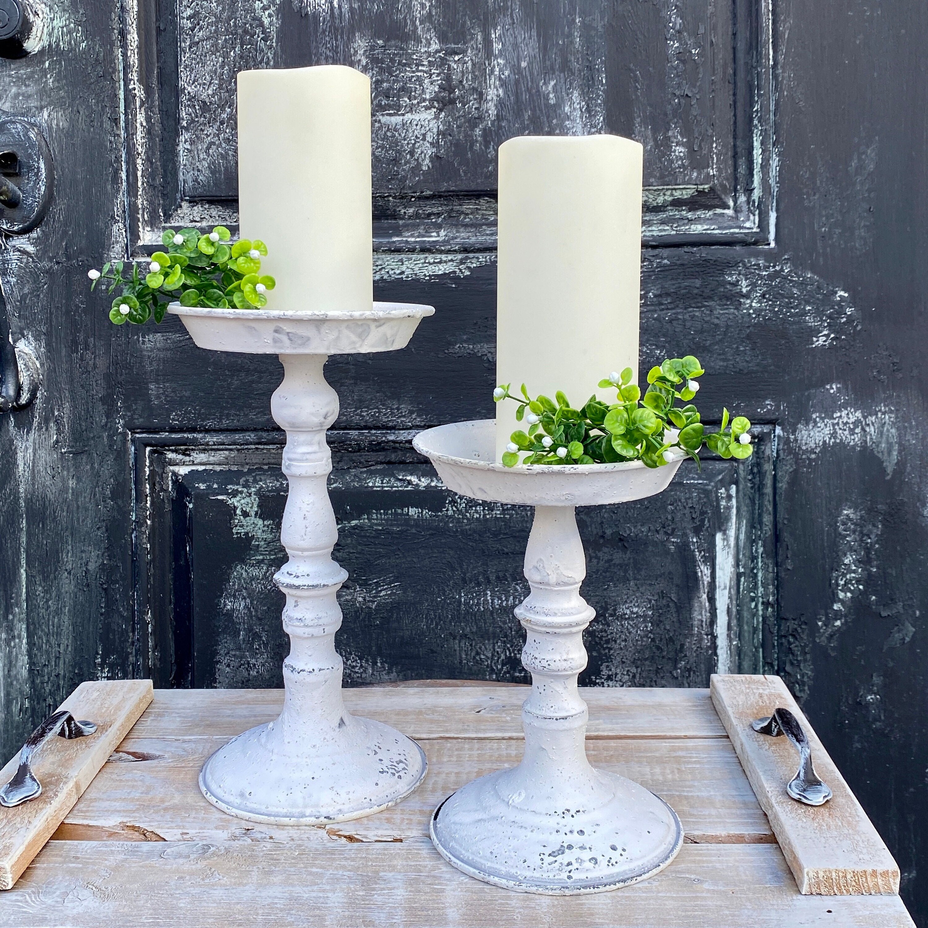 White Distressed Candle Holderfarmhouseshabby Chicfrench Etsy