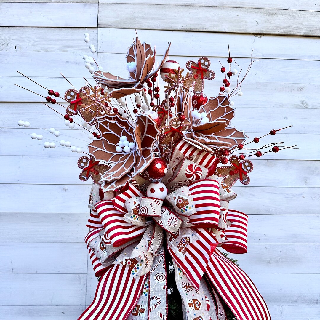 Gingerbread Themed Christmas Tree Topper With Poinsettias and Deluxe