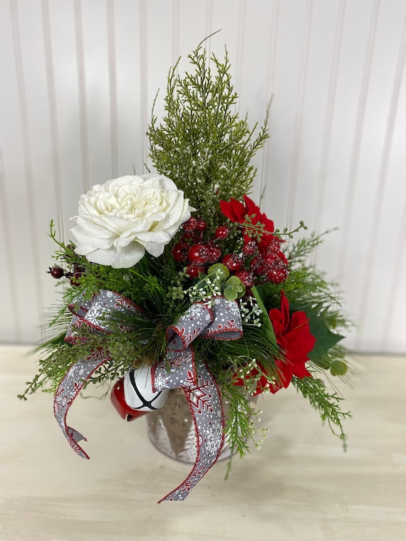 Evergreen and Mixed Floral Arrangement christmas Floral Centerpiecewinter  Centerpiece 