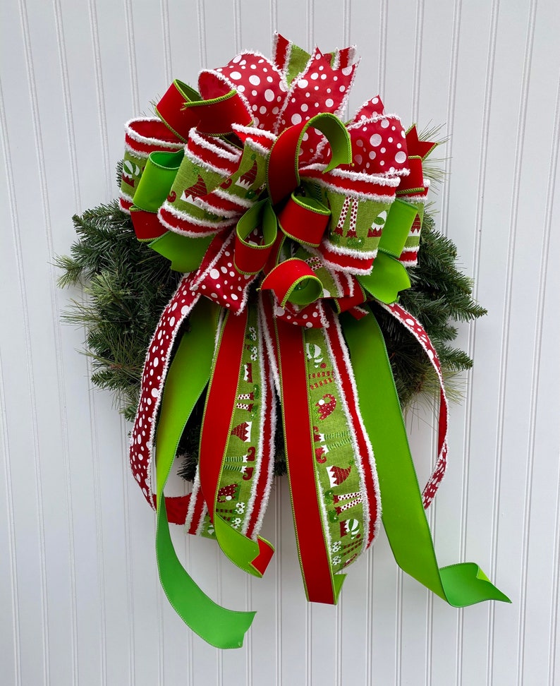 Lime Green and Red Elf Christmas Tree Topper Holiday Bow Etsy
